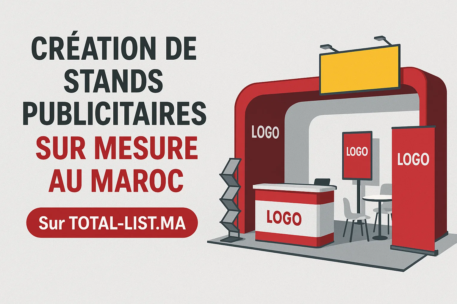 Dans un monde où la visibilité est essentielle, se démarquer lors d’un salon professionnel, d’une foire ou d’un événement d’entreprise est devenu une priorité. C’est là qu’intervient la création de stands publicitaires sur mesure au Maroc, une solution innovante et efficace pour valoriser votre marque, vos produits et vos services. Chez Total List Maroc, nous concevons et réalisons des stands personnalisés haut de gamme, pensés pour captiver l’attention, refléter votre identité visuelle et maximiser votre impact lors de chaque exposition. Qu’est-ce qu’un Stand Publicitaire sur Mesure ? Un stand publicitaire sur mesure est une structure promotionnelle conçue spécialement pour représenter votre entreprise lors d’événements professionnels. Contrairement aux modèles standards, le stand sur mesure s’adapte à votre image de marque, vos objectifs marketing et l’espace d’exposition disponible. Ses principaux objectifs : Créer une présence visuelle forte Attirer et fidéliser les visiteurs Présenter vos produits ou services de manière percutante Favoriser les interactions commerciales Grâce à une conception créative et une fabrication de qualité, votre stand devient un véritable ambassadeur de votre marque. Pourquoi Choisir Total List Maroc pour Votre Stand Publicitaire ? À Total List Maroc, nous mettons à votre disposition notre savoir-faire dans la conception et la fabrication de stands publicitaires sur mesure adaptés à tous types d’événements : salons professionnels, expositions, conférences, lancements de produits ou foires commerciales. Nos points forts : Design 100 % personnalisé selon votre charte graphique Matériaux de qualité : aluminium, PVC, bois, textile, plexiglas Impression haute définition pour un rendu impeccable Montage rapide et sécurisé par nos équipes techniques Livraison et installation partout au Maroc (Casablanca, Rabat, Marrakech, Fès, Tanger, Agadir…) Nous allions créativité, technologie et savoir-faire pour créer des stands qui marquent durablement les esprits. Types de Stands Publicitaires Disponibles Selon vos besoins, nous proposons plusieurs formats de stands professionnels : Stands modulaires : adaptables, pratiques et faciles à transporter Stands parapluies : idéals pour les salons et expositions itinérantes Stands pliables ou portables : parfaits pour les événements temporaires Stands sur mesure haut de gamme : pour une identité forte et unique Stands PLV et comptoirs publicitaires : pour renforcer votre présence sur site Chaque stand est conçu avec soin pour garantir un rendu professionnel et une expérience immersive pour vos visiteurs. Les Avantages d’un Stand Publicitaire Personnalisé Opter pour un stand publicitaire sur mesure offre plusieurs avantages : Visibilité maximale : un design attractif qui capte le regard Communication efficace : un espace adapté à votre message Image de marque renforcée : reflète le professionnalisme et la créativité Durabilité : matériaux résistants, réutilisables sur plusieurs événements Retour sur investissement élevé : attire plus de prospects et de partenaires Avec Total List Maroc, chaque détail compte — de la conception à l’installation. Un Service Complet Clé en Main Total List Maroc ne se limite pas à l’impression : nous assurons un service complet pour vos stands publicitaires. De la création du concept graphique à la fabrication, l’impression et le montage, notre équipe vous accompagne à chaque étape pour garantir un résultat optimal. Nous vous proposons également des solutions d’habillage de stand, de signalétique et d’éclairage LED pour un rendu encore plus professionnel. Faites Briller Votre Marque avec Total List Maroc Offrez à votre entreprise la visibilité qu’elle mérite lors de vos prochains événements. Grâce à nos stands publicitaires sur mesure, vous attirez l’attention, valorisez votre image et créez un lien fort avec vos visiteurs. Demandez dès aujourd’hui votre devis personnalisé et faites confiance à Total List Maroc, le partenaire de référence pour la création de stands publicitaires professionnels au Maroc.